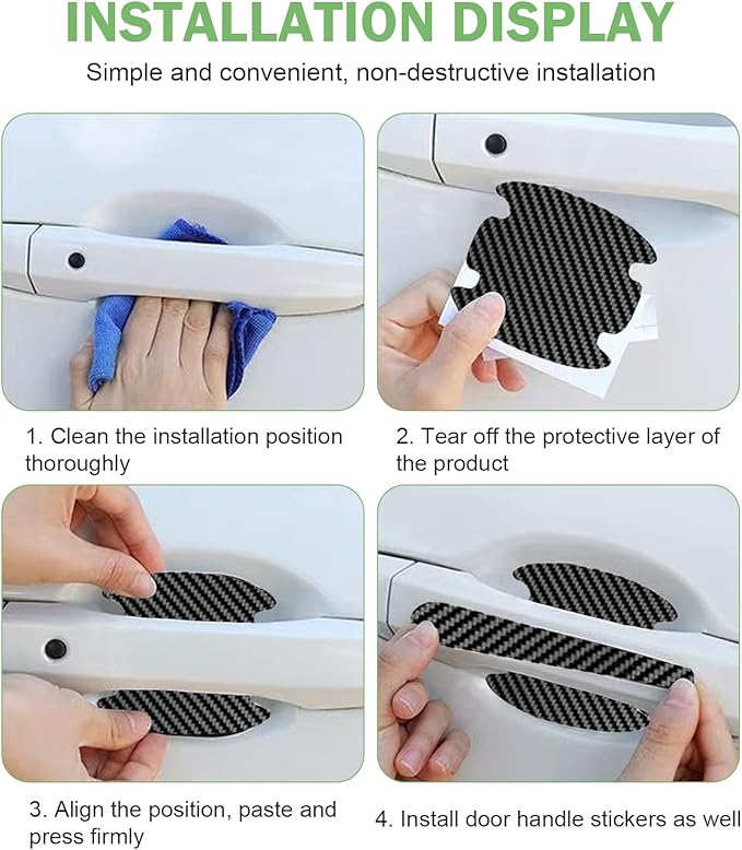 8 PCS Car Door Bowl and Handle Scratch Protectors, Anti-collsion Carbon Fiber Paint Protection Film, Sporty Decorative Sticker, Self-Adhesive Waterproof Exterior Strip (Carbon Fiber Black)