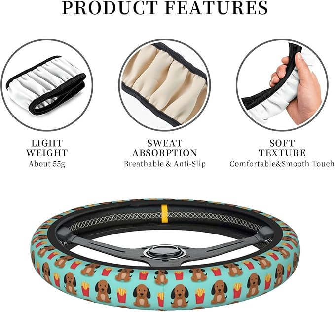 Neoprene Steering Wheel Cover Sausage Dachshunds-Dog Car Steering Wheel Cover Universal Fit for Most Cars