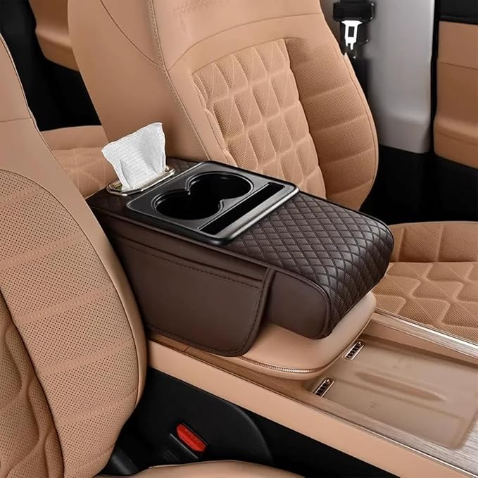 Multifunctional Pu Leather Car Armrest Box Mat, 5-in-1 Waterproof Car Armrest Organizer, Car Armrest Cushion Heightening Pad with Cup Holder, Tissue Boxes for Most Cars (Coffee-B)