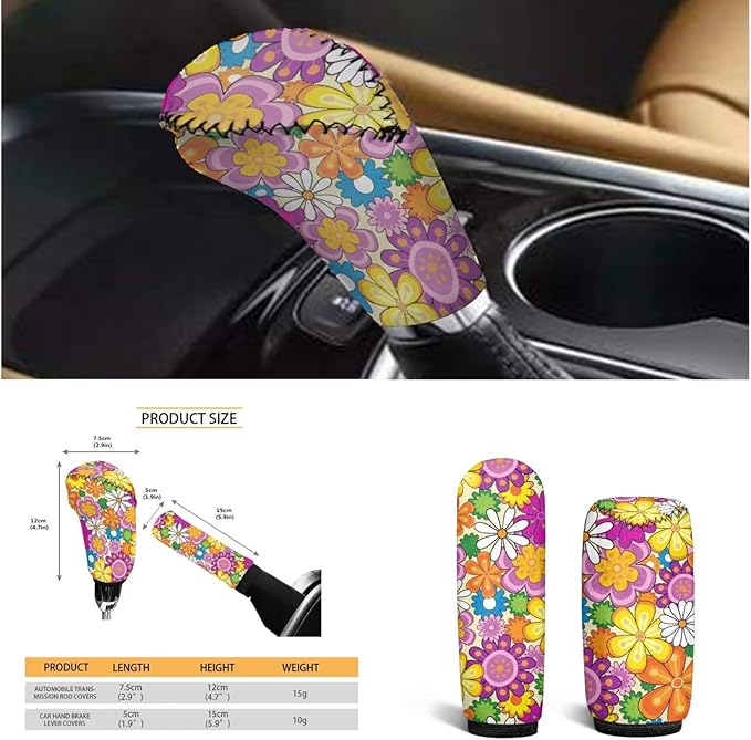 6 PCS Hippie Daisy Print Steering Wheel Cover Flower Car Armrest Cover Handbrake Coer Car Interior Sets for Men Women Fit for Trucks Vans Suvs