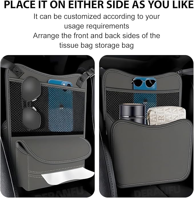 Car Organizer Storage Between Seats, Nappa Leather Large Capacity Vehicle Hanging Handbag Holder for Document Phone, Auto Interior Console Organizer Pocket, Universal Fit (Gray)