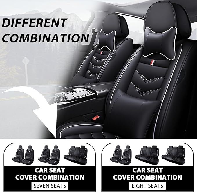 MVRVMV Car Seat Covers for Hyundai Palisade 2020-2026, Waterproof & Wear-Resistant Front and Rear Seat Protectors with 2* Neck Pillow and 2* Lumbar Support (7 Seat Luxury, Black-White