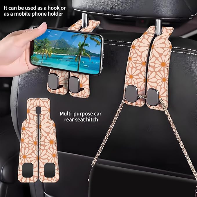 AXBSAKDI Car Seat Back Storage Headrest Hook, Premium Leather Double Metal Hook, Hanger Storage Organizer for Purse Cloth Bag, Car Interior Accessories Cute Boho Flowers