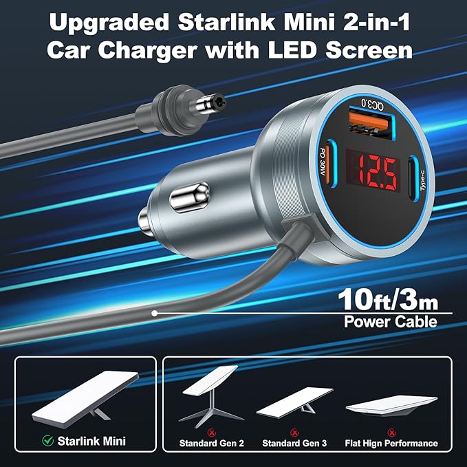 Starlink Mini Cable 10FT, OKRAY 4-in-1 Starlink Mini Car Adapter to DC Power Cable, 65W 3-Port Fast Charging USB-C PD30W+USB-A QC3.0 Car Charger 12V-24V Cigarette Lighter Adapter with Digital Display