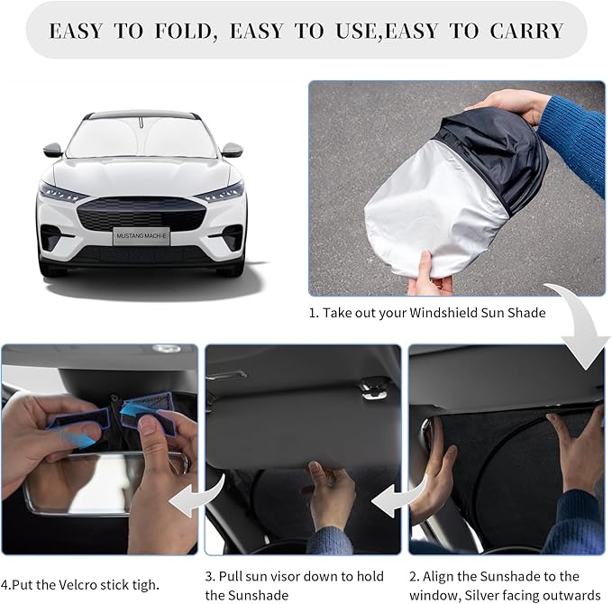 Sun Shade Sunshade for Ford Mustang Mach-E 2021-2024 2025 2026 Windshield Cover, 4-Layer Front Window Shade Custom fit Mach-E Sun Visor 240T Retractable Shield Shade Blocks UV Rays Car Accessories