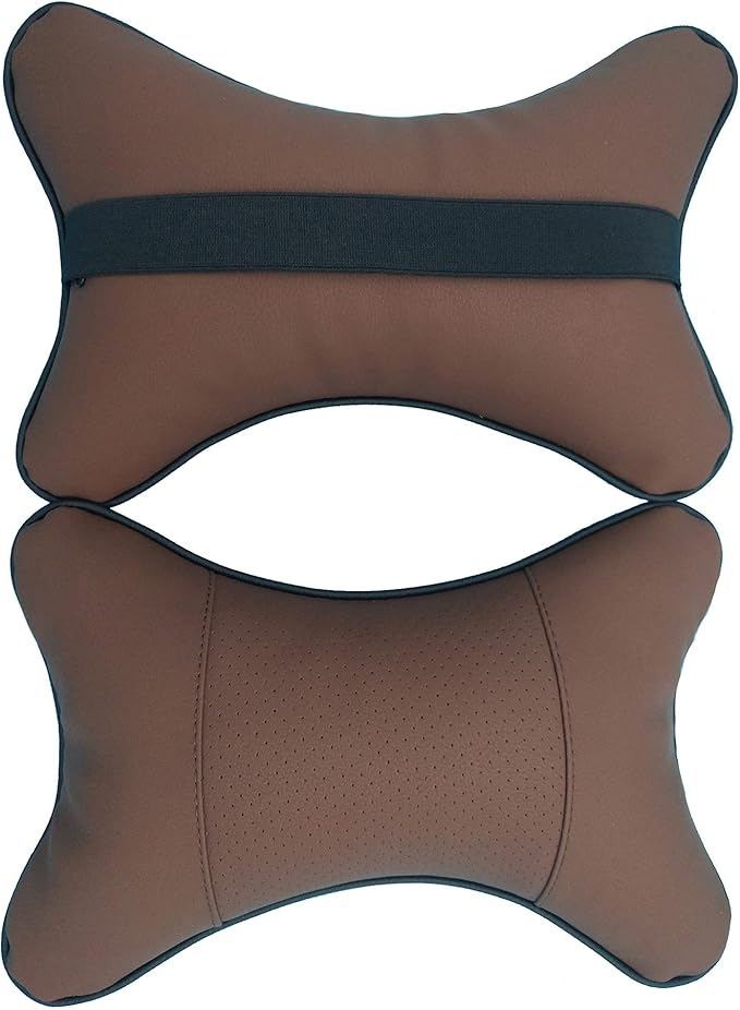 Thomakoo Car Neck Pillows 2pcs Pack Car Headrest Pillow Pu Leather Car Cervical Pillows for Traveling Car Pillows Filled by Fiber (Brown)