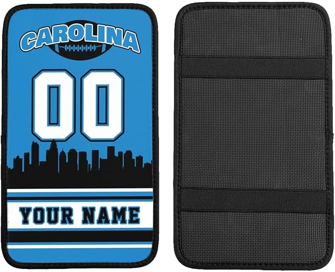 Custom Carolina Car Armrest Covers Personalized Football Style with Name Number Customized Auto Center Console Pad Car Handrail Box Cushion for Most Vehicle Decor Accessories, Fans Gift