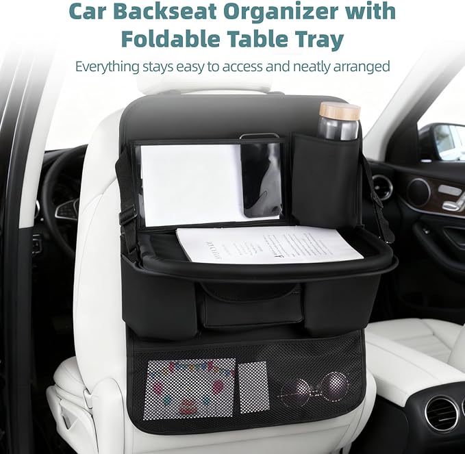 NIMBLOOM Car Backseat Organizer with Foldable Table Tray, PU Leather Car Organizer, 25.2 x 17.7 in, Touch Screen Phone Holder for Back Seat, Compatible with Most Vehicles,Inner Car Accessories, Black