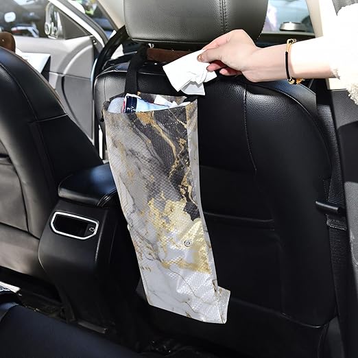 ALAZA Hanging Car Trash Bags Garbage Bag Trash Can for Back Seat Small Marble White Gold Washable Storage Bag Retractable 2 Pack