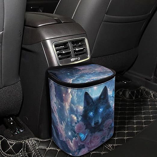Talayituse Wolf Rose Butterfly Print Car Trash Can with Lid, Leak Proof Auto Trash Bag Hanging Vehicle Garbage Can Multipurpose Storage Container for Back Seat Road Trip