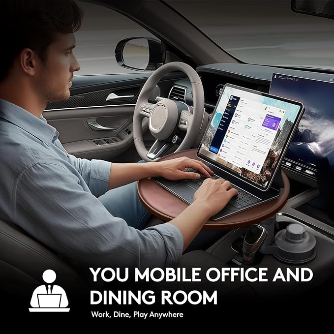 Ymipre Car Desk for Laptop & Car Table Tray, Height-Adjustable 360° Rotating Wood Car Laptop Mount, Cup Holder Table, Steering Wheel Tray, Compatible with Tesla & Most Vehicles