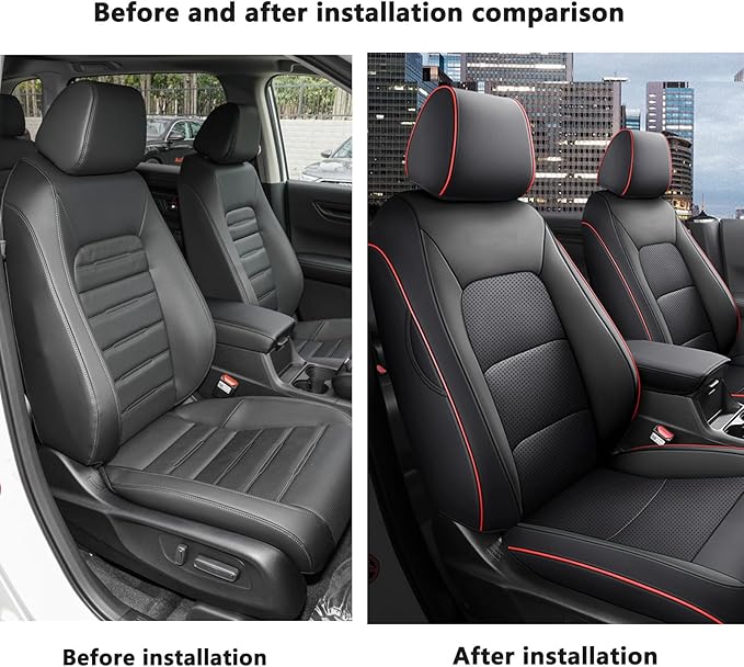 HKZ Fit CRV Car Seat Covers Full Set for Honda CR-V 2012 2013 2014 CRV LX;EX;EX-L Model - Leather (Black with Red Trim)