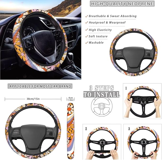 10 PCS Car Interior Accessories Sets for Women, Daisy Stripe Printed Comfortable Breathable Car Front and Back Seat Protector with Steering Wheel Cover Trash Can Coaster, Universal Fits