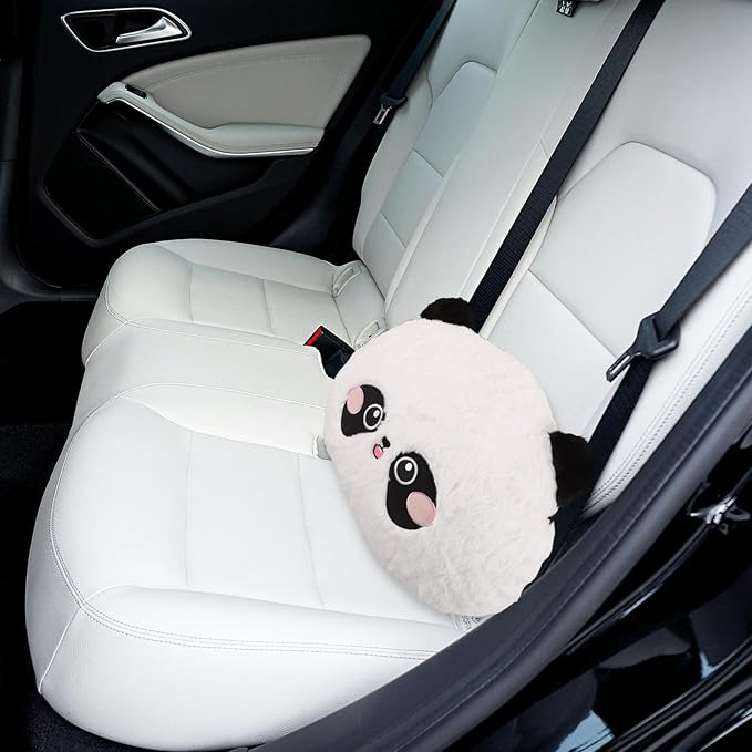 Car Lumbar Support Pillow with Cute Cartoon Panda Design, Round Plush Back Cushion for Driver and Passenger Seat, Soft Rabbit Hair Embroidered Lower Back Rest for Office