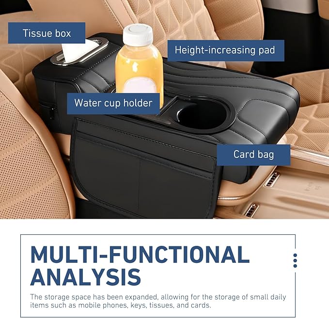 Car Armrest Cushion, Leather Center Console Cover Protector, Multifunctional Storage Pad with Dual Cup Holder, Tissue Box & Side Card Slot, Universal for Most Cars (Black)