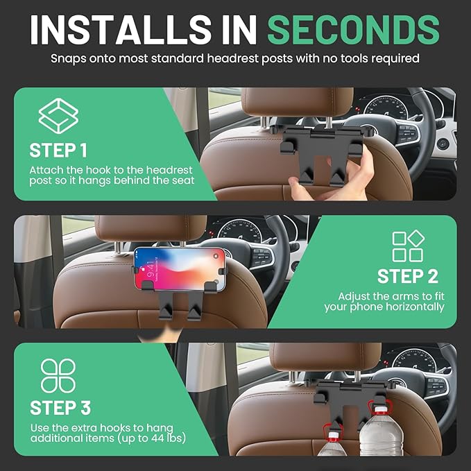 Basix by iOttie Headrest Hook and Phone Holder Car Backseat Organizer for Bags and Phones, Durable Heavy Duty Hook with Secure Phone Grip, Easy No Tool Installation