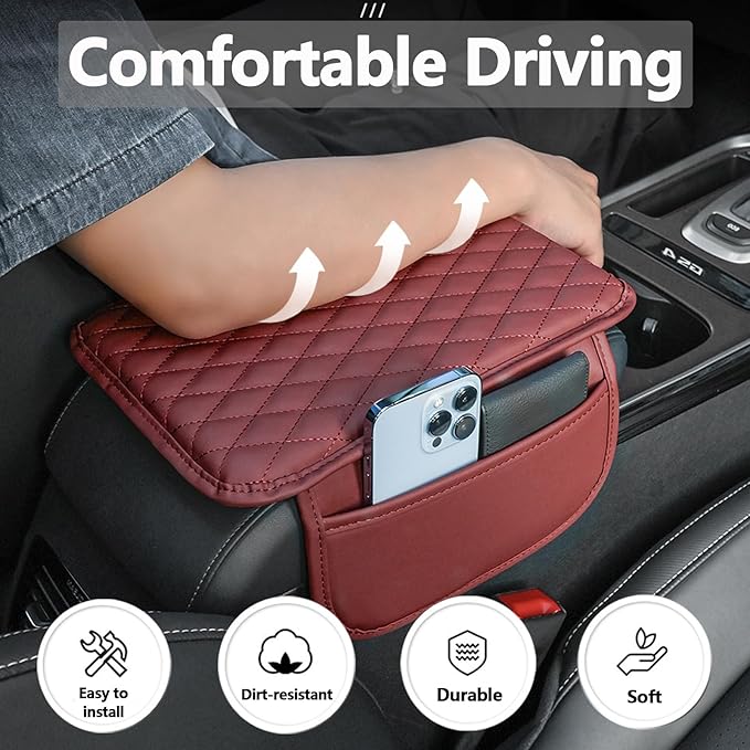 Car Center Console Cove, Leather Armrest Cover Cushion, 2 Storage Bags, Armrest Seat Box Pad, Car Interior Accessories Protector for Most Vehicle (Light Brown)