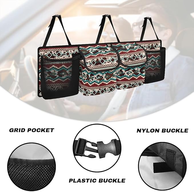 Dreaweet Aztec Brown Cow Print Car Accessories Trunk Organizer for SUV Hanging Car Trunk Organizers with Pockets Seat Back Waterproof Car Storage Trunk Organizer for Trucks Minivan Sedan