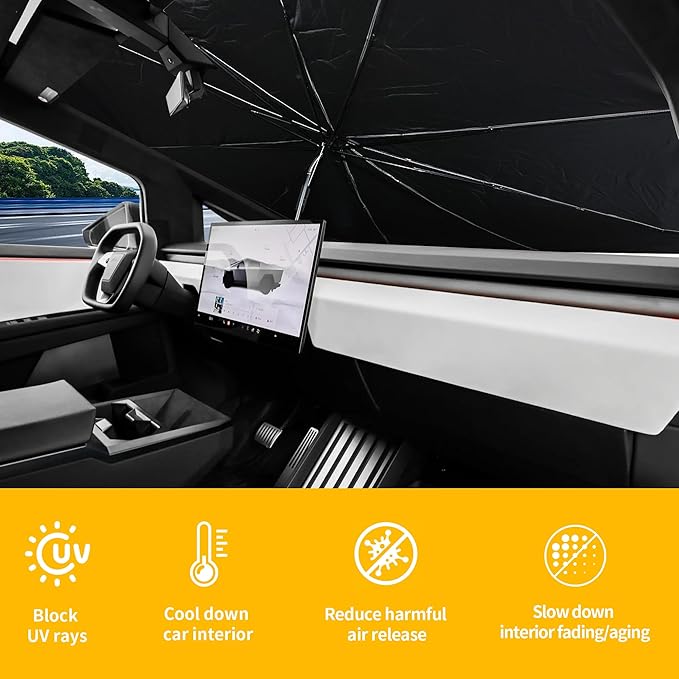 RERPRO Front Windshield Sunshade Umbrella Compatible with 2023 2024 2025 Tesla Cybertruck Window Sun Shade Interior Sun Protection Accessories, for Tesla Cyber Truck Foldable Sun Shield Cover