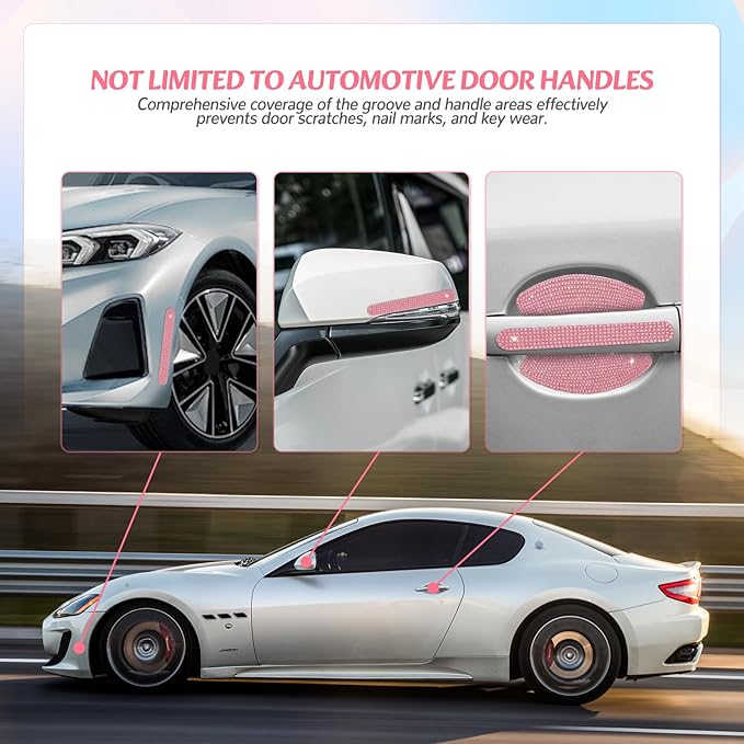10PCS Bling Car Door Handle Protectors, 4 Door Bowl Stickers + 6 Handle Strips, Crystal Rhinestone Anti-Scratch Car Accessories, Sparkling Auto Decor Decals, Universal for SUV Sedan Truck (Pink)
