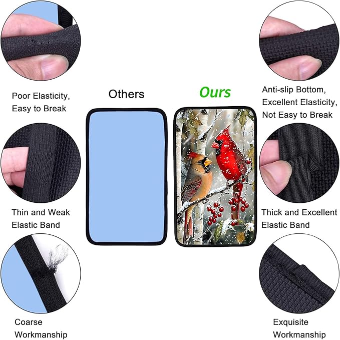 JANENFNA Car Armrest Cover Pads Universal Fashion Cute Auto Center Console Armrest Cover Pad with 2PCS Car Coasters Soft Waterproof Car Armrest Seat Protector for Women,Snowy Cardinals