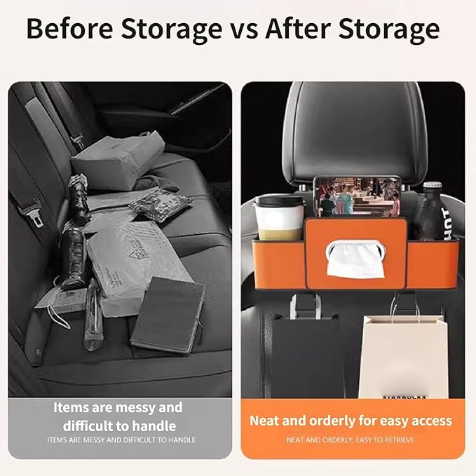 4-in-1 Car Backseat Organizer, Multifunctional Car Seat Back Storage Box with Cup Holder Headrest Hook, Universal Cars Organizer Back Seat for Hold Phone,Snacks, Drinks, Handbag (White)
