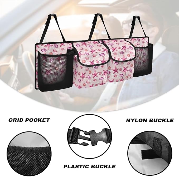 Car Trunk Organizer and Storage, Sea Starfish Backseat Hanging Organizer for SUV, Truck, Waterproof, Collapsible Cargo Storage Bag with 4 Pockets, Car Interior Accessories for Women