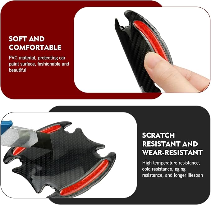 8 PCS Car Door Handle Protector Sticker, PVC Carbon Fiber Reflective Door Bowl & Handle Decoration Decal, Anti-Scratch Car Handles Sticker, Universal for Most Cars (Red)