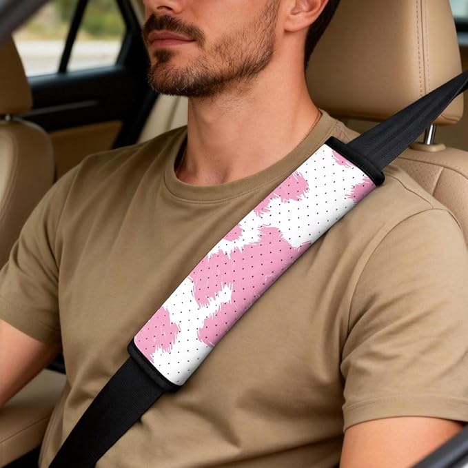 FUSURIRE 5 Pieces Pink Cowhide Print Car Accessories Set PU Front Seat Covers, Seat Belt Covers & Center Armrest Pad for SUV Car Truck