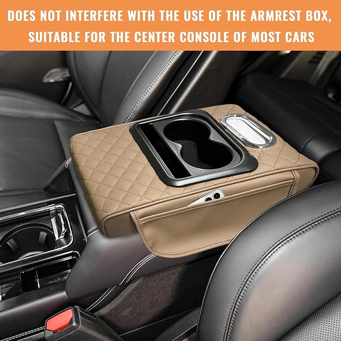 Car Center Console Armrest Pillow, 5-in-1 Armrest Cushion w/ 2 Side Bags, Tissue Box Slot, Cup & Phone Holder, Multifunctional Leather Arm Rest Cover Storage Organizer (Beige, Embroidered)