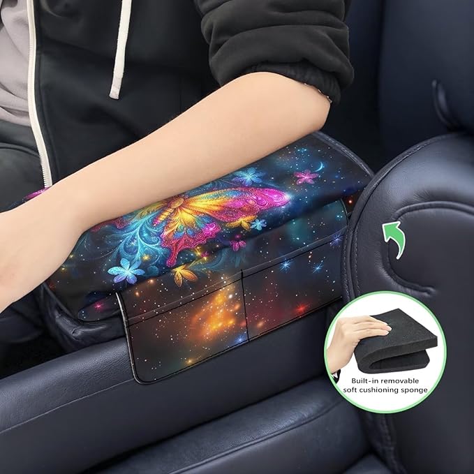 Dreaweet Car Center Console Cover with Pockets Galaxy Butterfly Car Accessories Thick Arm Rest Cover for SUV Truck Sedan Non Slip Comfortable Armrest Cushion Cover Pad