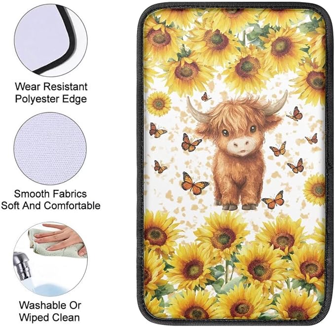 Floral Highland Cow Car Center Console Cover Cute Cattle Automotive Center Console Cushion Protector Non Slip Armrest Box Pad Cute Cow Car Accessories for Women Girls