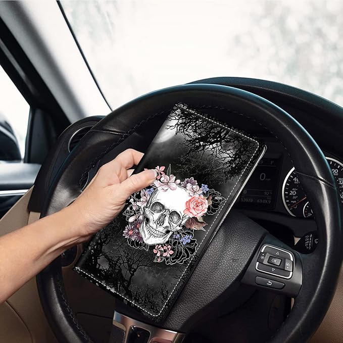 Mxfdegf Car Registration and Insurance Holder, Leather Car Glove Box Organizer, Cool Car Accessories for ID, Driver's License Cards & Essential Document, business cards, Men&Women,Skull Flower