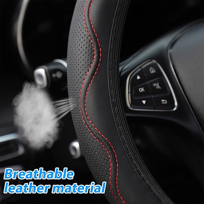 Elastic Stretch Car Steering Wheel Cover, Leather Soft Vehicle Steer Wheel Protector, 14.5-15 Inch Anti-Slip Automotive Protective Guard Accessories, Universal for SUV, Sedan, Truck (Black/Red)