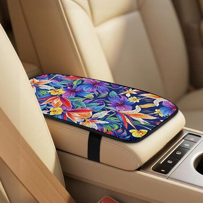 FUSURIRE 5 Pieces Colorful Hibiscus Flowers Car Accessories Set PU Front Seat Covers, Seat Belt Covers & Center Armrest Pad,Universal for Car,SUVs,Van,Small Trucks