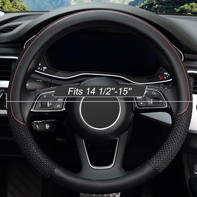 KAFEEK 15 inch Steering Wheel Cover, Cooling Ice Silk Mesh with Microfiber Leather, Ultra Breathable, Anti Slip Car Grip, Heat Resistant Summer Cool, Universal Fit, Black