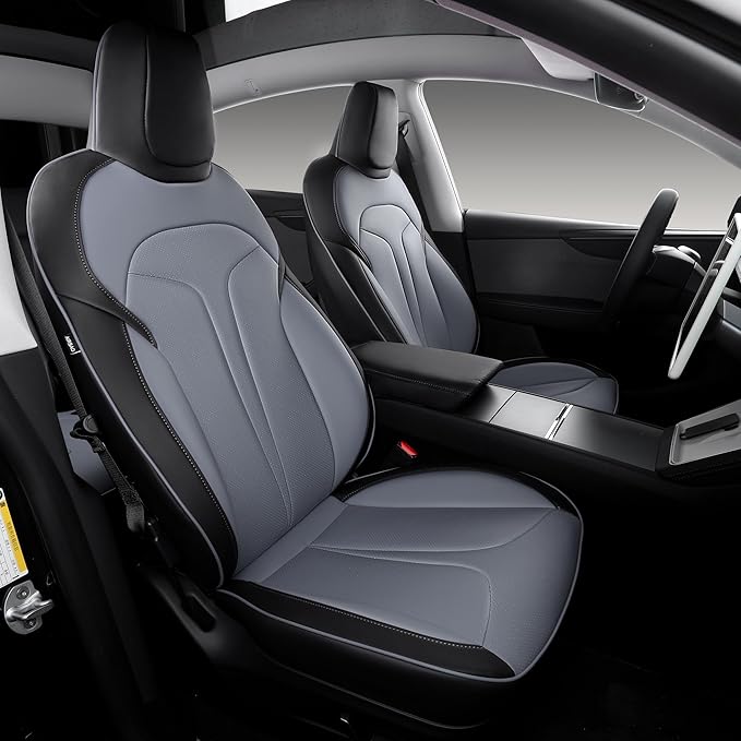 OURPLOT Custom Fit Seat Covers for 2025 2026 Tesla Model Y Juniper (5-Seater), Waterproof Breathable Nappa Leather, OEM Factory Style Full Set Car Seat Protectors Airbag Compatible - Black+Grey