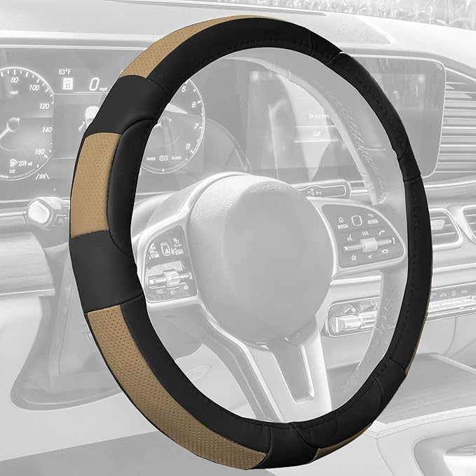 FH Group Universal Fit Deluxe Full Grain Authentic Leather Steering Wheel Cover Fits Most Cars, SUVs Beige Black