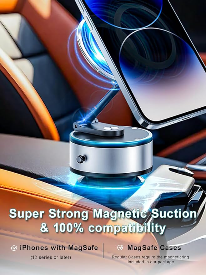 RainChic Magnetic Car Phone Holder for MagSafe, 120+ LB Suction Cup & 2800gf Magnetic Force, 360° Adjustable Mount for iPhone Pro Max/Plus & MagSafe-Compatible Android Phones (zj-001)