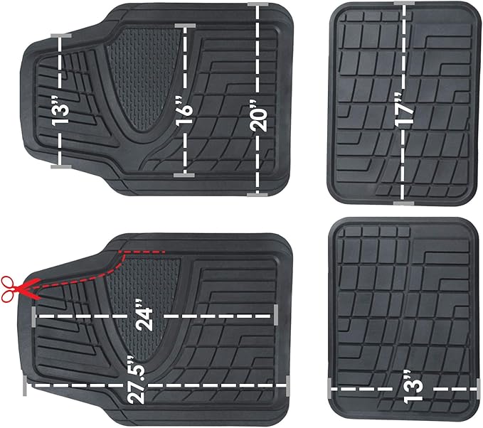 TLH Premium Tall Channel Rubber Car Trimmable Floor Mats - Heavy-Duty Black Rubber Floor Mats, Universal Fit Full Set, Climaproof™ Floor Mats, Trimmable Floor Mats for Most Sedan, SUV, Truck
