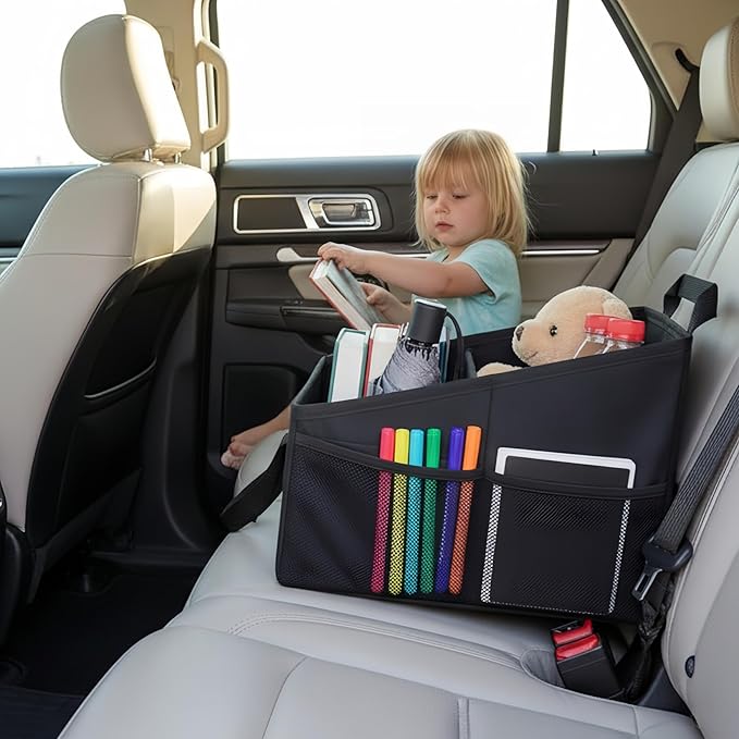 Car Seat Organizer for Front & Back Seat, Passenger Seat Storage Caddy with Divider, Mesh Pockets & Handles, Foldable Waterproof Car Organizer for Kids & Adults
