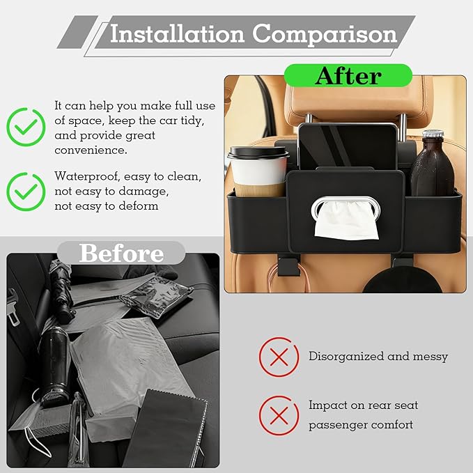 SADIFOKPLY 4-in-1 Back Seat Car Organizer, Upgraded Multifunctional Car Storage Box, Hanging Back Seat Storage Organizer, Partition Design, with Phone Holder, Tissue Box, 2 Cup Holders, 2 Hooks