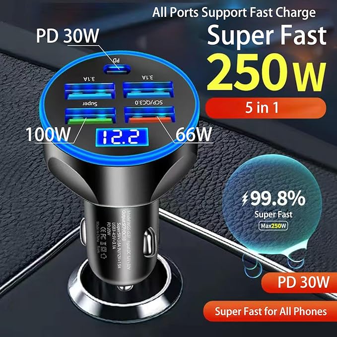 Full PD 30W Multi Port USB C Car Charger Adapter 5 in 1 with Voltage Display, PD4.0/QC4.0/PPS/AFC Super Fast Charging Cigarette Lighter Adapter with Volt Meter for MacBook iPhone Galaxy Android Phones