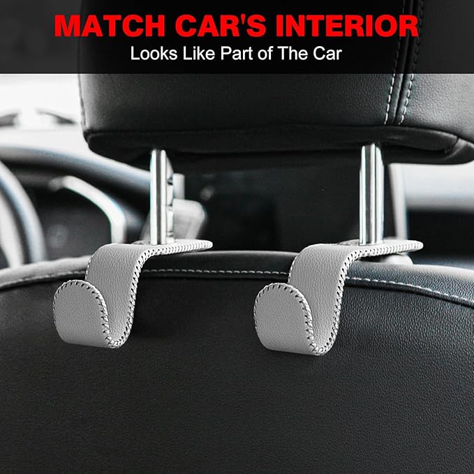 AMVOYOA Leather-Wrapped Car Headrest Hooks & Seat Back Organizer - 2 Pack U-Shaped Car Purse Holder for Bags, Coats, Handcrafted Stitching, Flexible Car Accessories for Women (Gray)