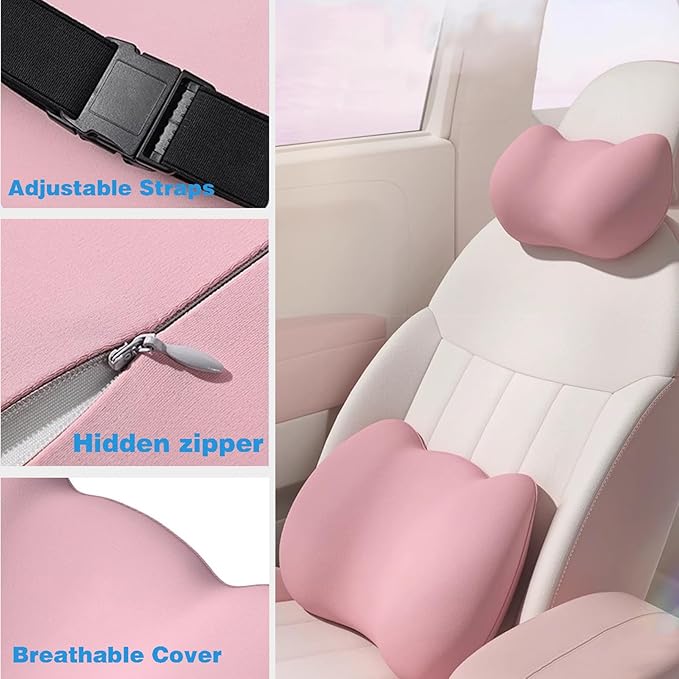 Lumbar Support Pillow for Car/Office Chair, Memory Foam Back Cushion for Car Seat, Lower Back Pillow Fits Most Cars, Trucks, with Adjustable Strap and Washable Cover, Back Pain Relief,Blue