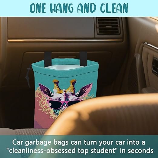 KXWQTRDD Car Garbage Bag Giraffe Wearing Sunglasses Hanging Canvas Car Trash Bag Waterproof Drawstring Car Back Seat Organizer for Car Back Front Seat Console with Adjustable Buckle