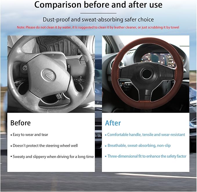 Kewucn Genuine Leather Steering Wheel Cover, 15" Universal Car Steering Wheel Protector with Needle Thread, Breathable Anti-Slip Steering Wheel Cover DIY Stitch on Wrap (Coffee, Glossy)