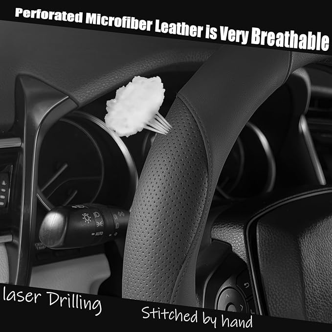 Mihecor Steering Wheel Cover Universal Standard Size 14.5-15 inch, Breathable Microfiber Leather, Anti-Slip, Soft Grip, Sporty Design, Fits for Cars SUVs Trucks, Black