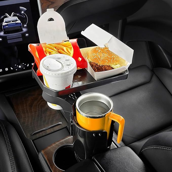 JOYTUTUS Cup Holder Tray, 10 inch Car Food Tray for Eating with Phone Holder, Car Cup Holder Expander and 360° Rotating Car Cup Holder Tray Table fit in 2.75-3.25 inch Car Holder, Travel Essentials