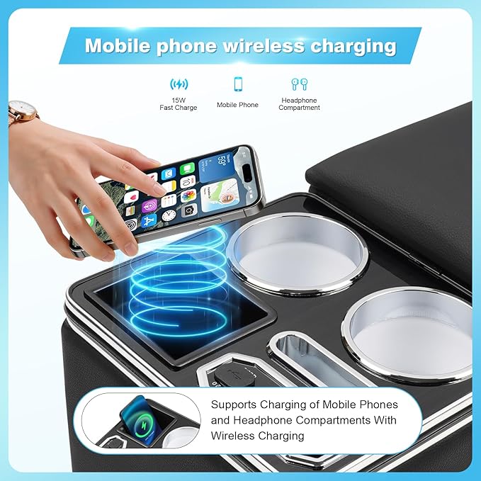 Center Console, Universal Bench Seat Center Console with Fast Phone Charging， Back Seat Car Organizer, Automotive Center Console with Cup Holder & Phone Holder